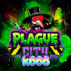 Tampilan visual slot Plague City dengan latar belakang kota neon yang gelap dan simbol-simbol bertema infeksi.